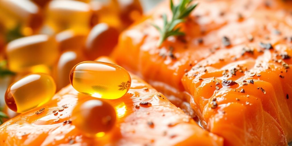 Vibrant fish oil capsules and fresh salmon fillet.