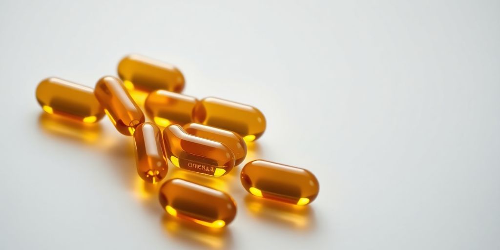 Omega-3 fish oil capsules and a calm, balanced body illustration.